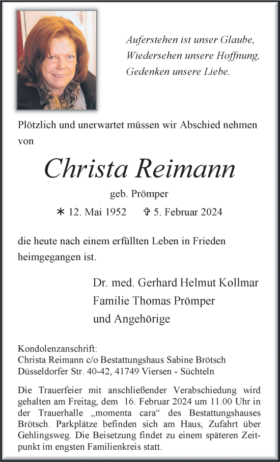 Traueranzeige von Christa Reimann von trauer.extra-tipp-moenchengladbach.de