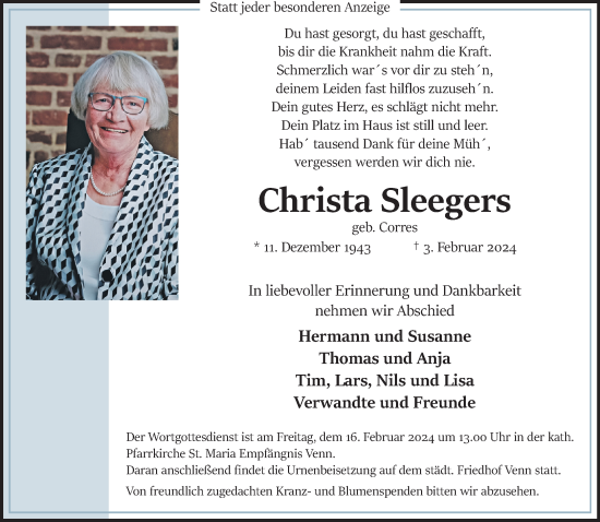 Traueranzeige von Christa Sleegers von trauer.extra-tipp-moenchengladbach.de