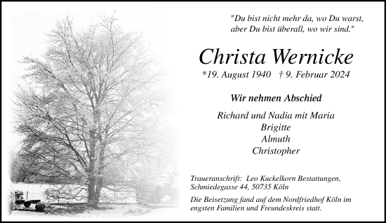 Traueranzeige von Christa Wernicke von trauer.extra-tipp-moenchengladbach.de