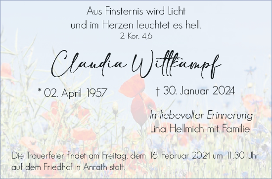 Traueranzeige von Claudia Wittkampf von trauer.extra-tipp-moenchengladbach.de