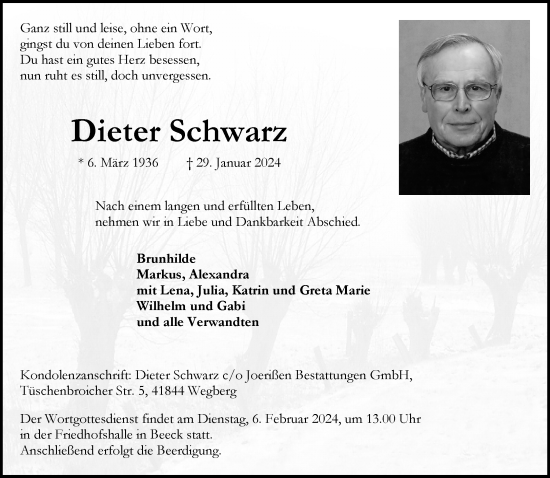 Traueranzeige von Dieter Schwarz von trauer.extra-tipp-moenchengladbach.de