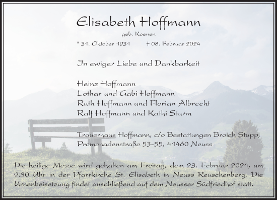 Traueranzeige von Elisabeth Hoffmann von trauer.duesseldorfer-anzeiger.de