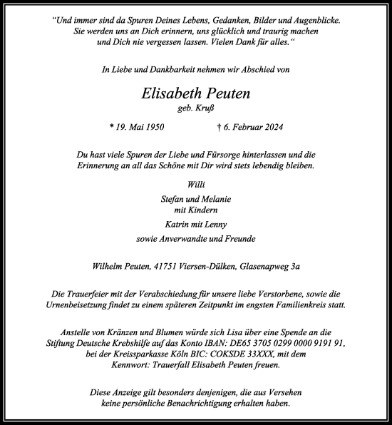 Traueranzeige von Elisabeth Peuten von trauer.extra-tipp-moenchengladbach.de