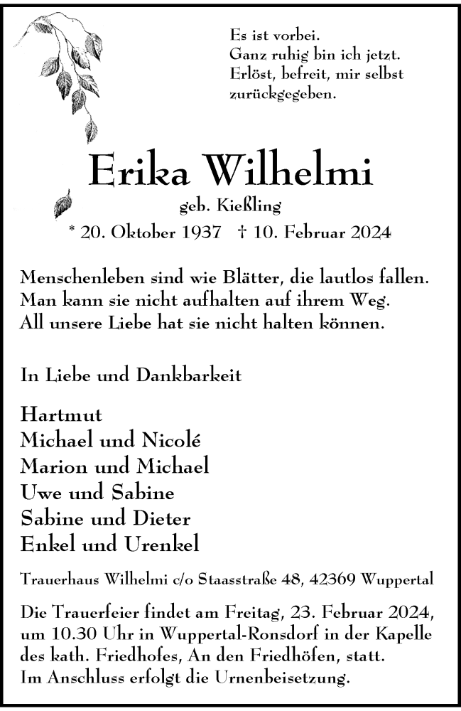  Traueranzeige für Erika Wilhelmi vom 17.02.2024 aus trauer.wuppertaler-rundschau.de