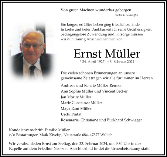 Traueranzeige von Ernst Müller von trauer.extra-tipp-moenchengladbach.de