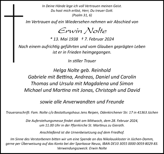 Traueranzeige von Erwin Nolte von trauer.stadt-kurier.de