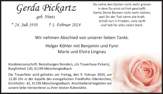 Traueranzeige von Gerda Pickartz von trauer.extra-tipp-moenchengladbach.de