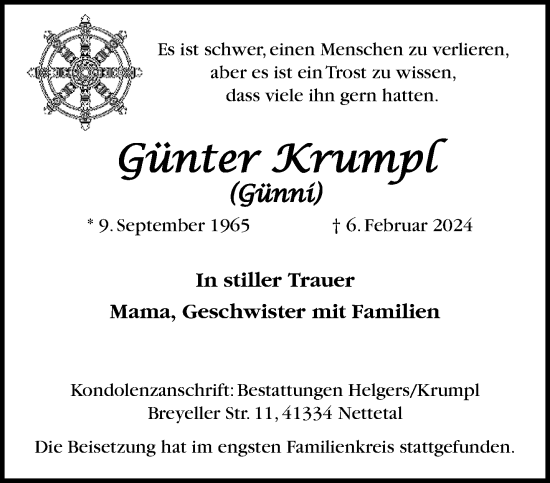 Traueranzeige von Günter Krumpl von trauer.extra-tipp-moenchengladbach.de