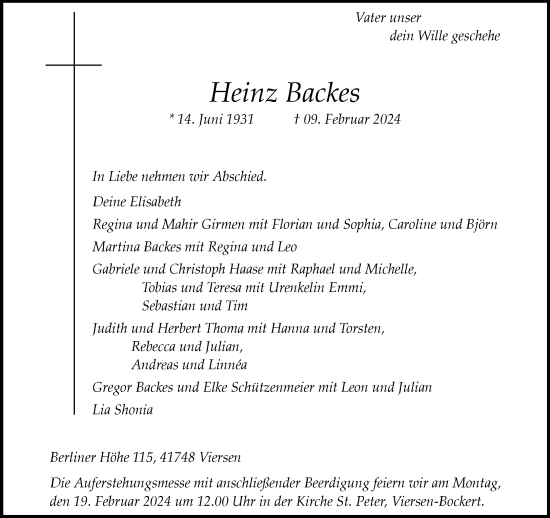 Traueranzeige von Heinz Backes von trauer.extra-tipp-moenchengladbach.de