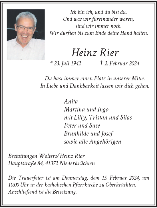 Traueranzeige von Heinz Rier von trauer.extra-tipp-moenchengladbach.de
