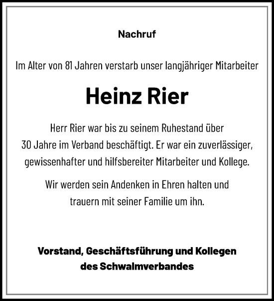 Traueranzeige von Heinz Rier von trauer.extra-tipp-moenchengladbach.de