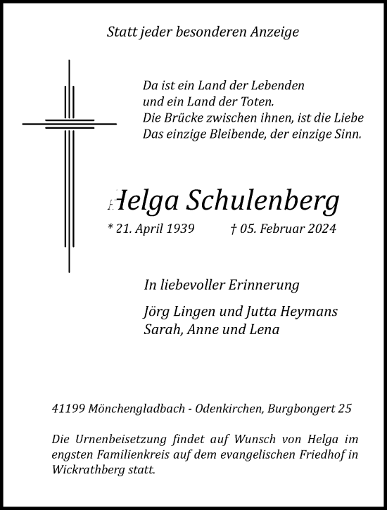Traueranzeige von Helga Schulenberg von trauer.extra-tipp-moenchengladbach.de