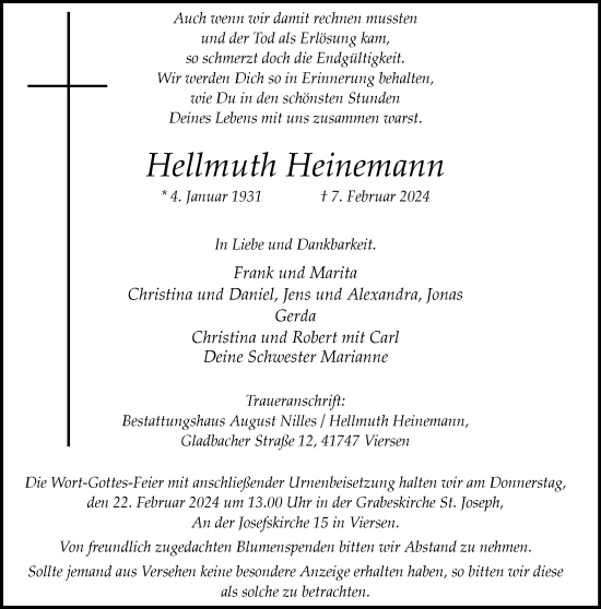 Traueranzeige von Hellmuth Heinemann von trauer.extra-tipp-moenchengladbach.de