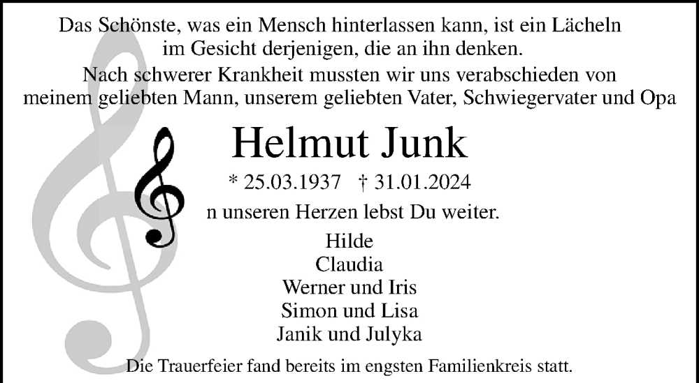  Traueranzeige für Helmut Junk vom 25.02.2024 aus trauer.extra-tipp-moenchengladbach.de