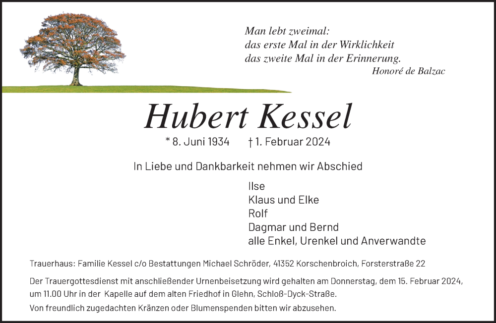  Traueranzeige für Hubert Kessel vom 11.02.2024 aus trauer.extra-tipp-moenchengladbach.de