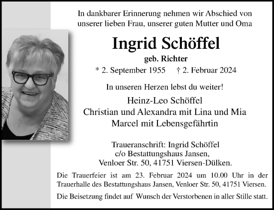 Traueranzeige von Ingrid Schöffel von trauer.extra-tipp-moenchengladbach.de