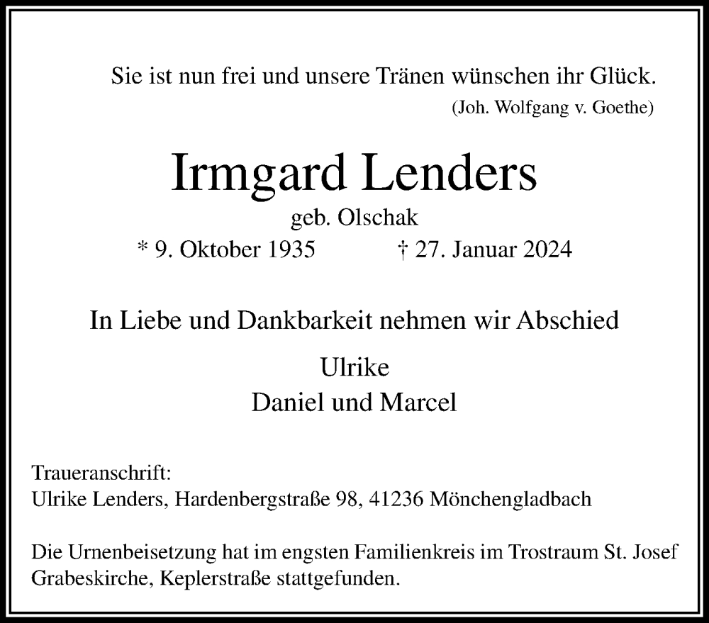  Traueranzeige für Irmgard Lenders vom 25.02.2024 aus trauer.extra-tipp-moenchengladbach.de