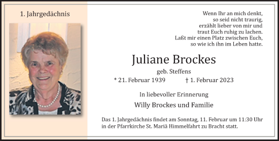 Traueranzeige von Juliane Brockes von trauer.extra-tipp-moenchengladbach.de