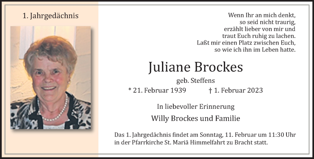  Traueranzeige für Juliane Brockes vom 11.02.2024 aus trauer.extra-tipp-moenchengladbach.de
