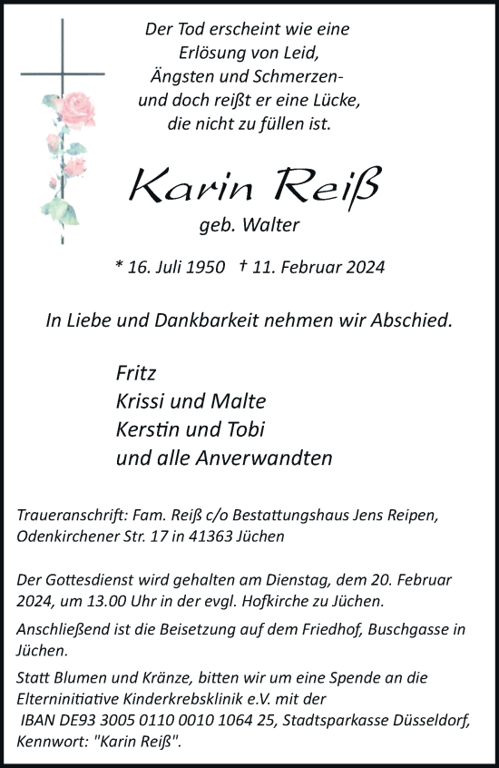 Traueranzeige von Karin Reiß von trauer.stadt-kurier.de