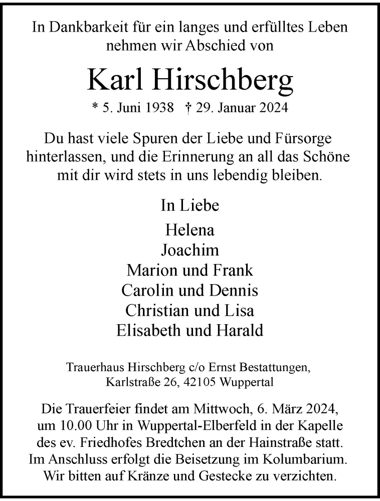  Traueranzeige für Karl Hirschberg vom 03.02.2024 aus trauer.wuppertaler-rundschau.de