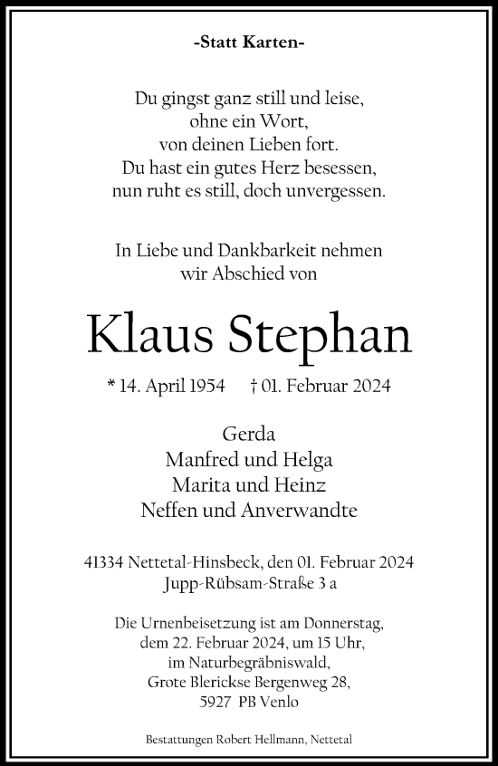 Traueranzeige von Klaus Stephan von trauer.extra-tipp-moenchengladbach.de