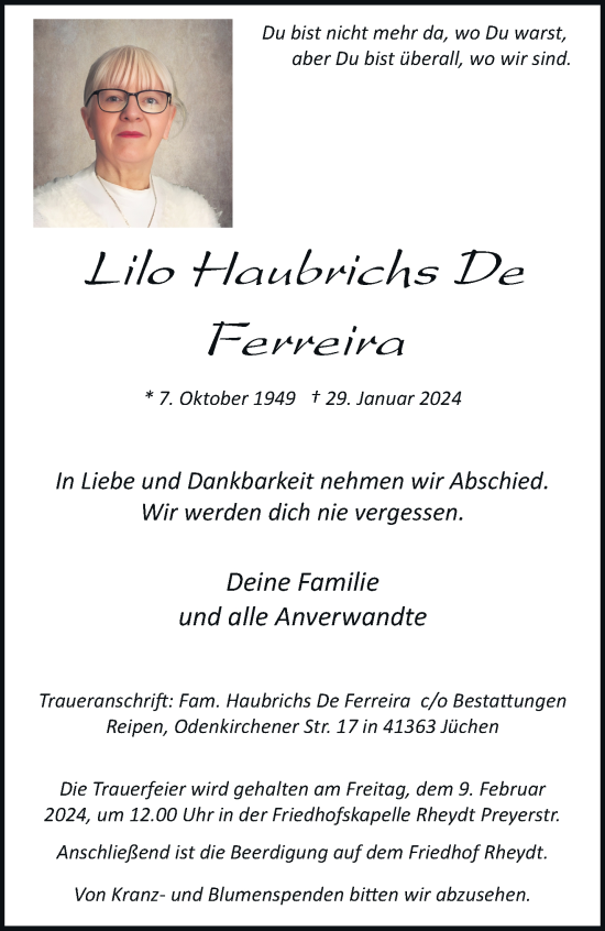Traueranzeige von Lilo Haubrichs De Ferreira von trauer.extra-tipp-moenchengladbach.de
