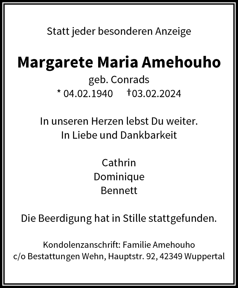  Traueranzeige für Margarete Maria Amehouho vom 17.02.2024 aus trauer.wuppertaler-rundschau.de