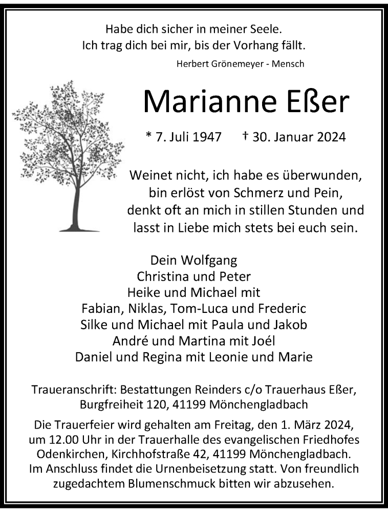  Traueranzeige für Marianne Eßer vom 25.02.2024 aus trauer.extra-tipp-moenchengladbach.de