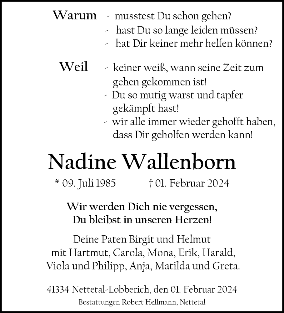  Traueranzeige für Nadine Wallenborn vom 11.02.2024 aus trauer.extra-tipp-moenchengladbach.de