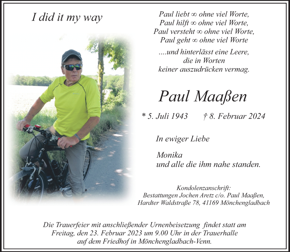  Traueranzeige für Paul Maaßen vom 18.02.2024 aus trauer.extra-tipp-moenchengladbach.de