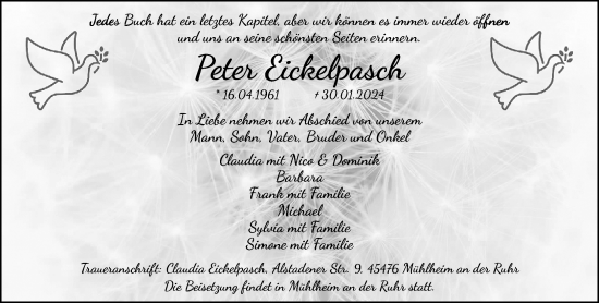 Traueranzeige von Peter Eickelpasch von trauer.extra-tipp-moenchengladbach.de