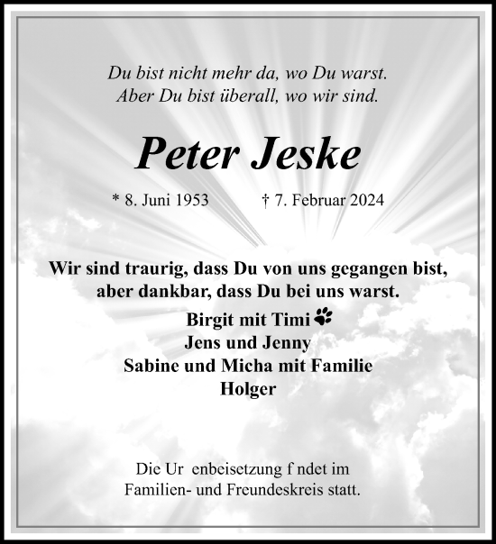 Traueranzeige von Peter Jeske von trauer.extra-tipp-moenchengladbach.de