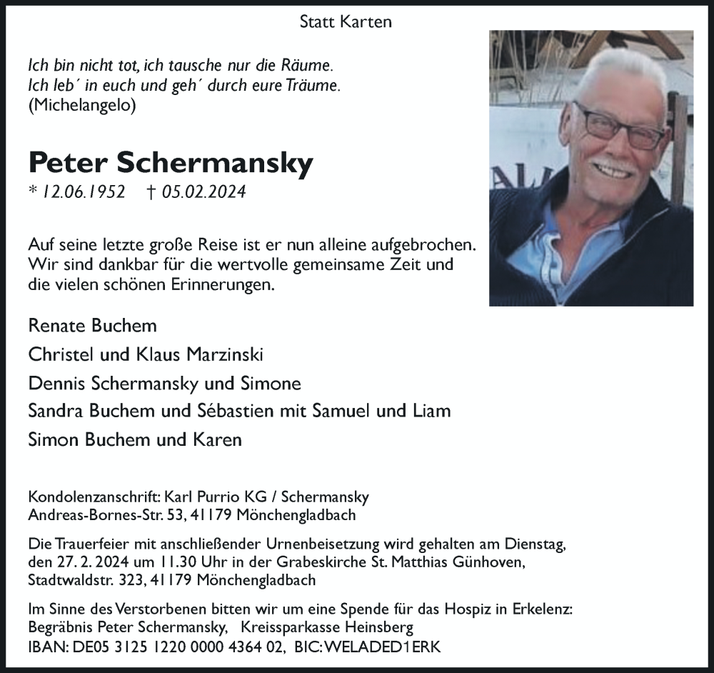  Traueranzeige für Peter Schermansky vom 18.02.2024 aus trauer.extra-tipp-moenchengladbach.de