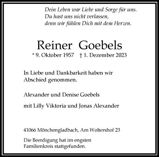 Traueranzeige von Reiner Goebels von trauer.extra-tipp-moenchengladbach.de