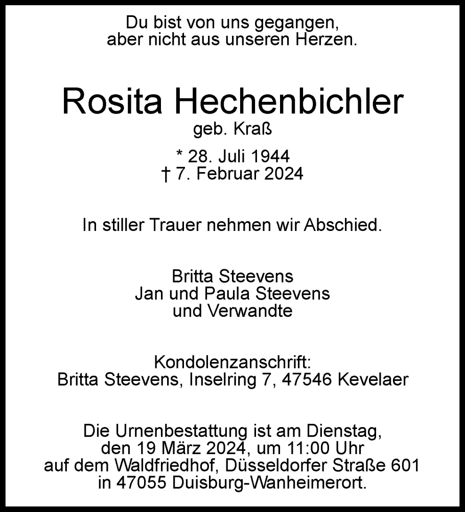  Traueranzeige für Rosita Hechenbichler vom 18.02.2024 aus trauer.extra-tipp-moenchengladbach.de