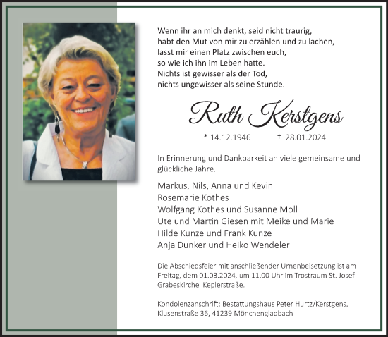 Traueranzeige von Ruth Kerstgens von trauer.extra-tipp-moenchengladbach.de