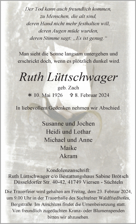 Traueranzeige von Ruth Lüttschwager von trauer.extra-tipp-moenchengladbach.de