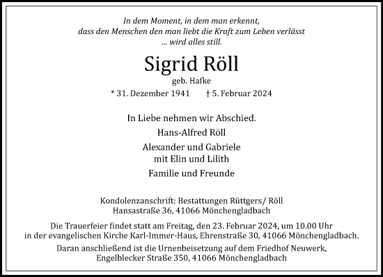 Traueranzeige von Sigrid Röll von trauer.extra-tipp-moenchengladbach.de
