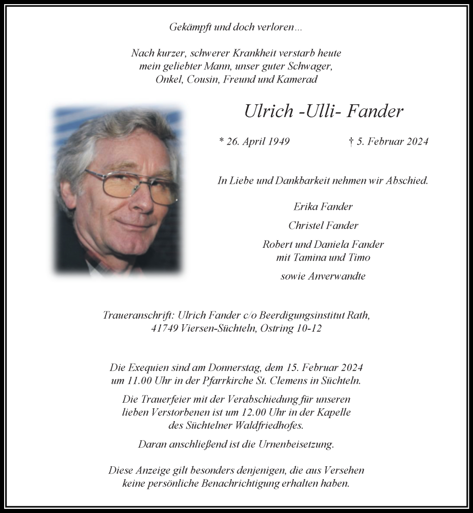  Traueranzeige für Ulrich Fander vom 11.02.2024 aus trauer.extra-tipp-moenchengladbach.de