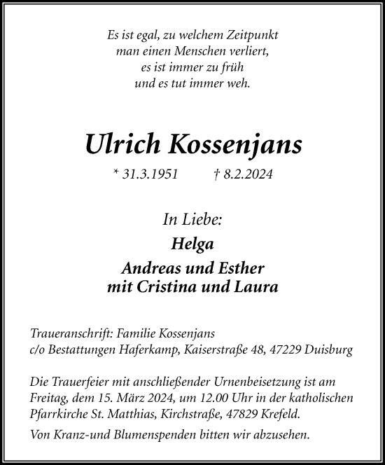 Traueranzeige von Ulrich Kossenjans von trauer.extra-tipp-moenchengladbach.de