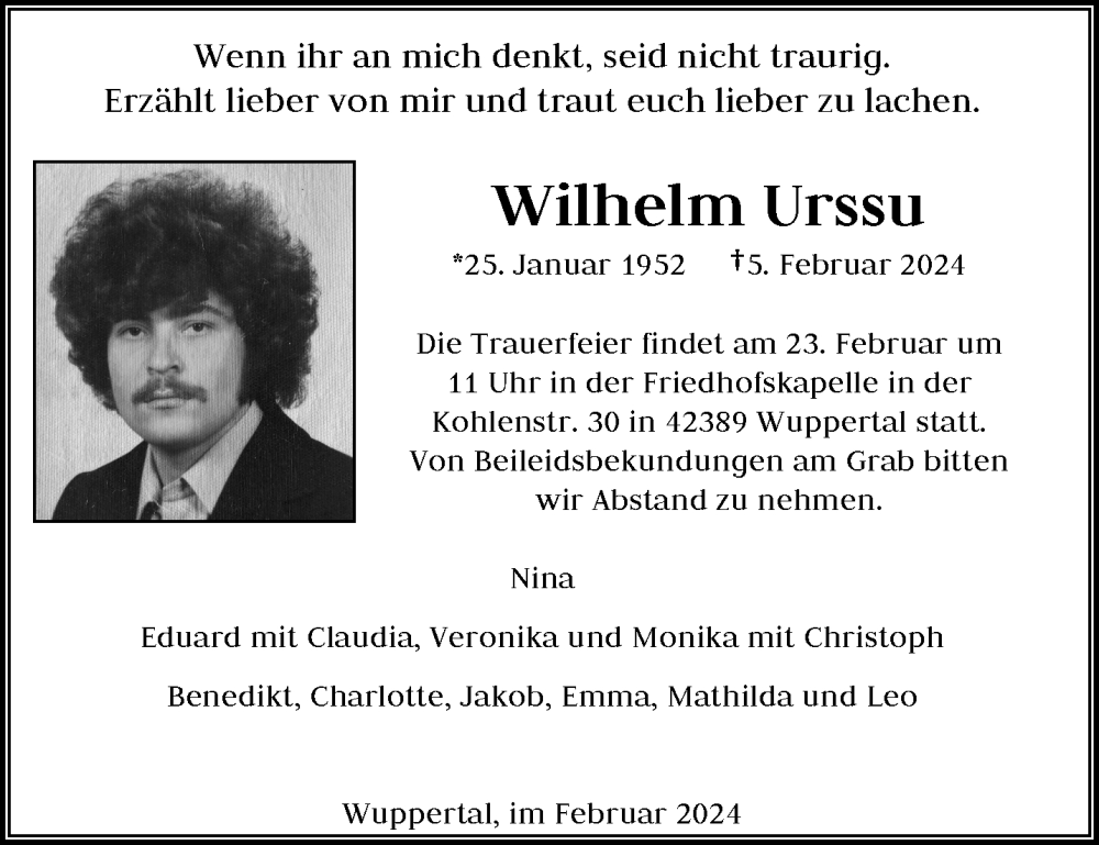  Traueranzeige für Wilhelm Urssu vom 17.02.2024 aus trauer.wuppertaler-rundschau.de