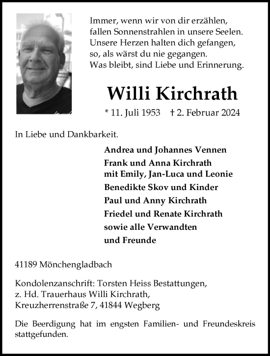 Traueranzeige von Willi Kirchrath von trauer.extra-tipp-moenchengladbach.de