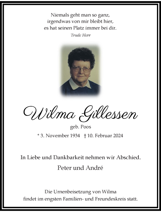 Traueranzeige von Wilma Gillessen von trauer.extra-tipp-moenchengladbach.de