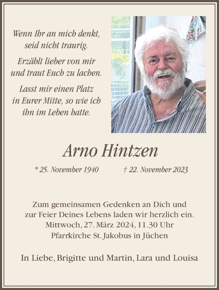  Traueranzeige für Arno Hintzen vom 23.03.2024 aus trauer.stadt-kurier.de
