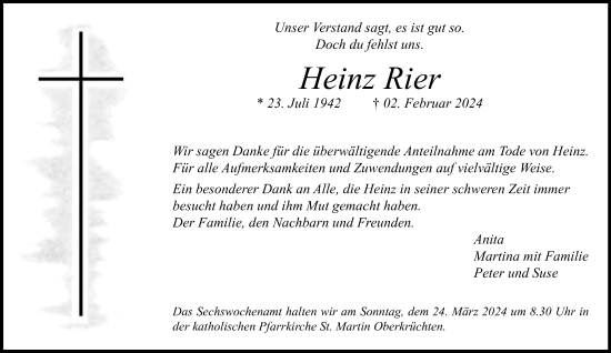 Traueranzeige von Heinz Rier von trauer.extra-tipp-moenchengladbach.de