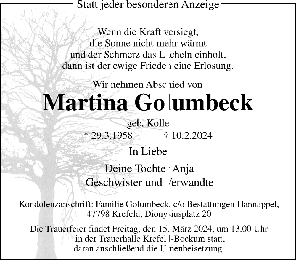  Traueranzeige für Martina Golumbeck vom 10.03.2024 aus trauer.extra-tipp-moenchengladbach.de