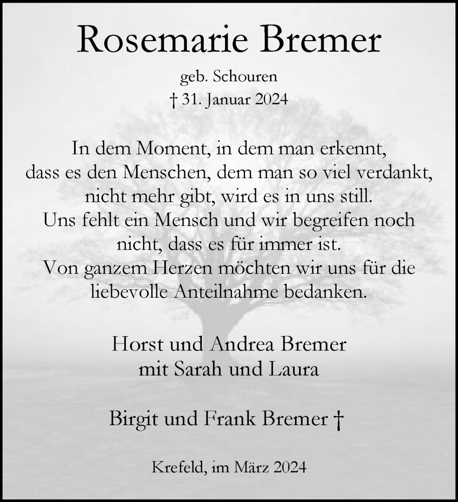  Traueranzeige für Rosemarie Bremer vom 17.03.2024 aus trauer.extra-tipp-moenchengladbach.de
