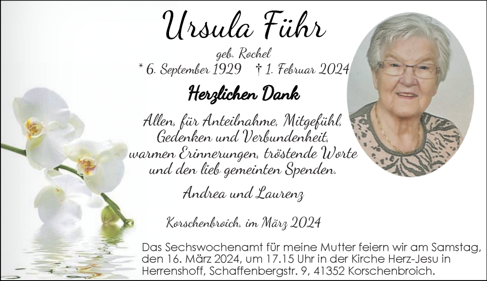  Traueranzeige für Ursula Führ vom 10.03.2024 aus trauer.extra-tipp-moenchengladbach.de