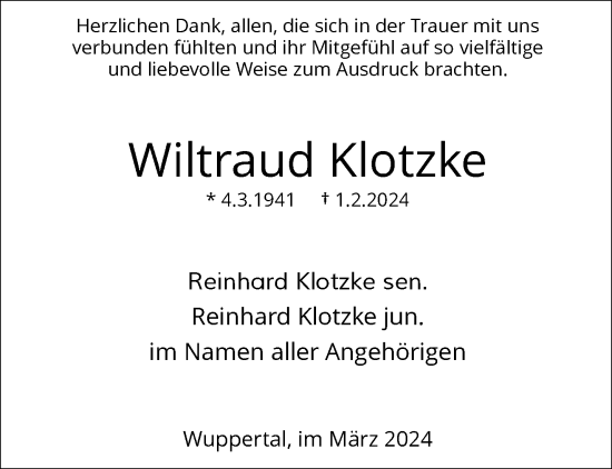 Traueranzeige von Wiltraud Klotzke von trauer.wuppertaler-rundschau.de